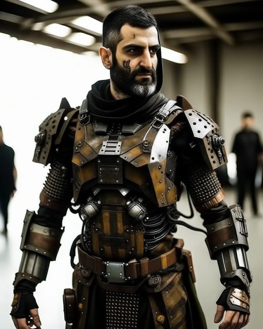 A brave iranian warrior with leather and metal combat clothes robotic metal