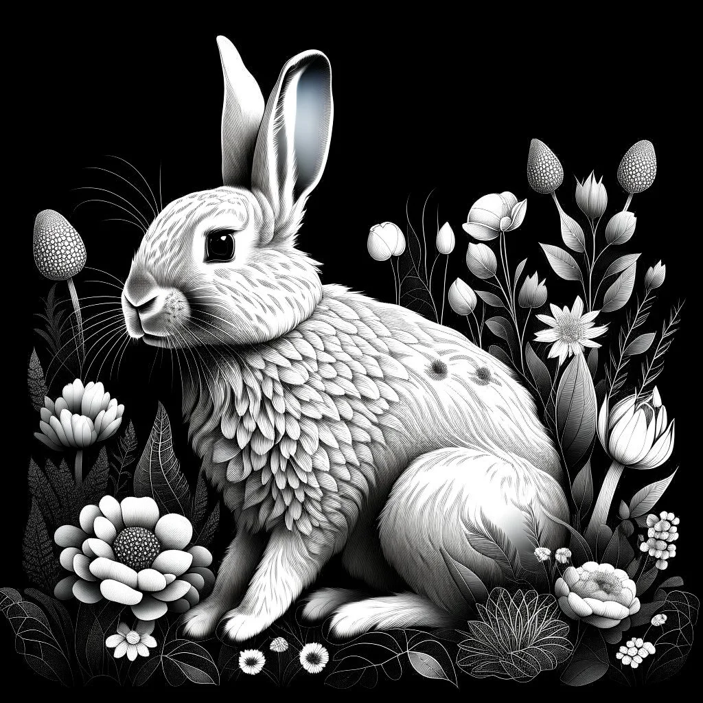 a beautiful rabbit between seeds and big flowers black background .black and white colors. for a coloring. with grayscale