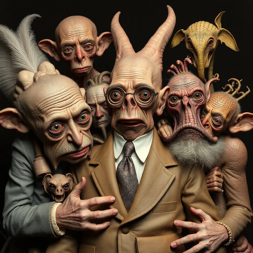 The oddest composition and mixture of beings, details very accentuated, Max Ernst style, oniric, pompous, George Grosz, distorted, blatant, gross, mundane, analogic photography, clear focus, ZBrush