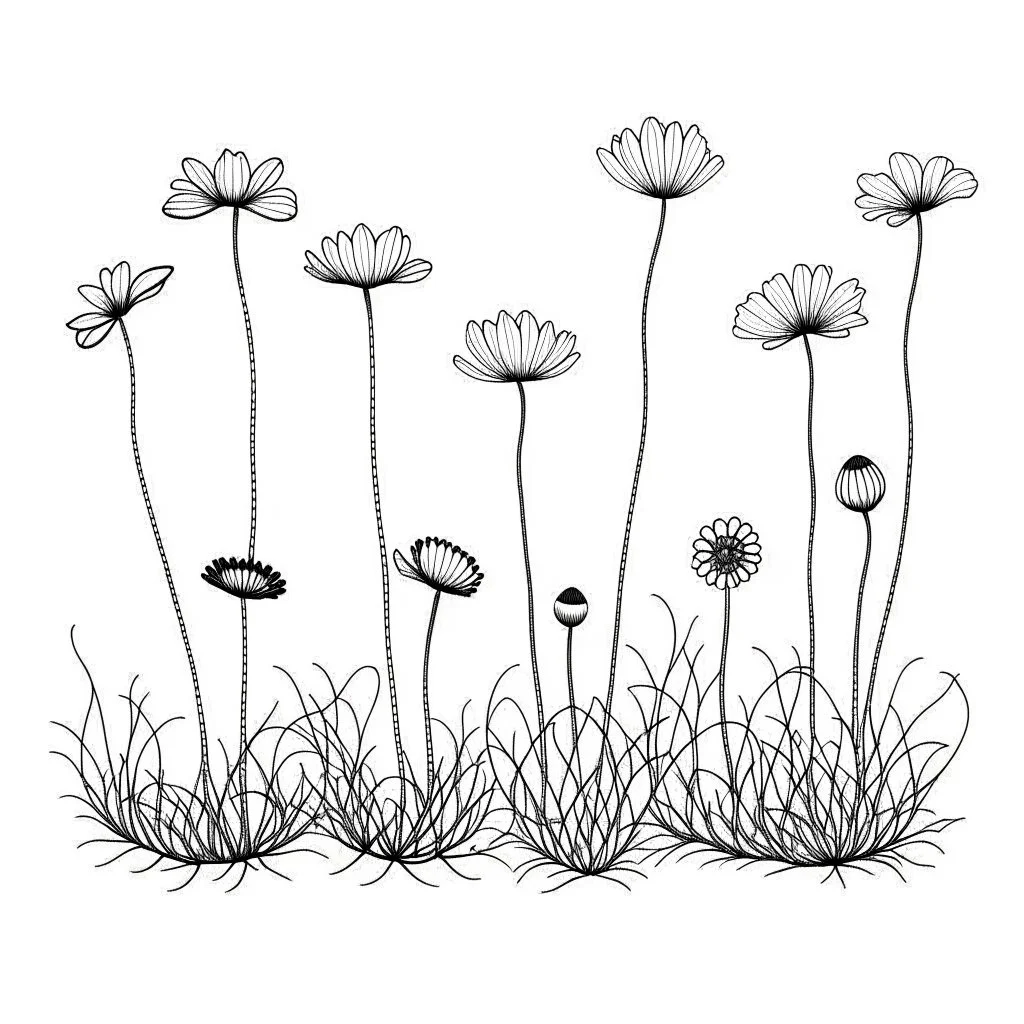 set of growing wind flower on the grace on ground, ONE lineS art, white background, minimalis, different view, only white bakcground solid.black ink