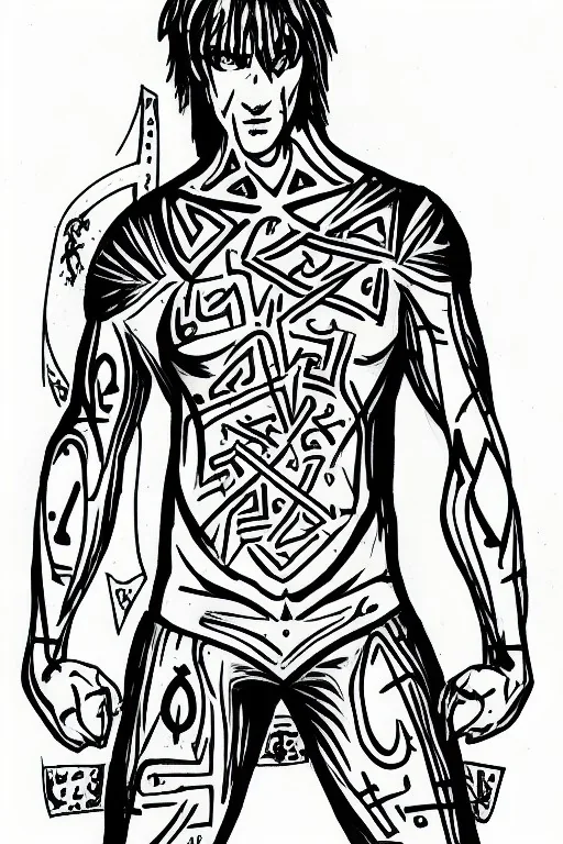 man in full body spandex with runes all over it drawn in marker