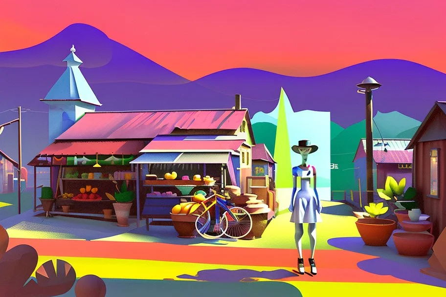 whimsical arafed nonsense, patchwork vibe, acrylic and ink painting of a cozy village main street on undulating hills with color (((minimal))) sketches of village people with (((extremely long limbs))), (((oversize head))), sharp color contrasts, amazing shadows, (((exaggerated limbs and head))), minimal cozy, warm palette, bright bold warm summer colors, color leak, sparse bright orange-red splinters, heavily distorted views, amazing parallels, amazing reflections