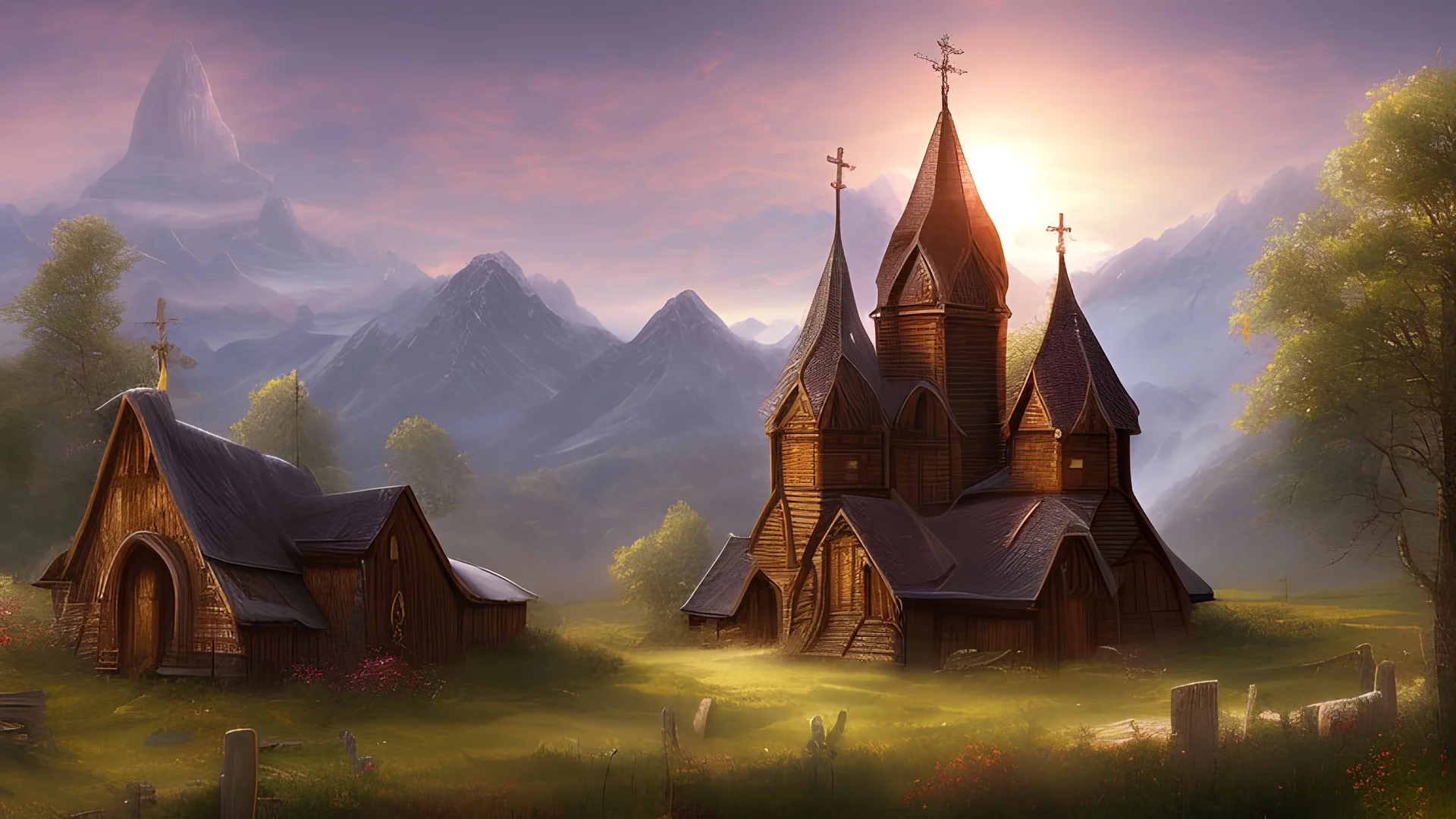 New enormous circular cylindrical wooden church in rural surroundings, and mountains in the far distance, highly detailed, realistic, sunshine, RTX