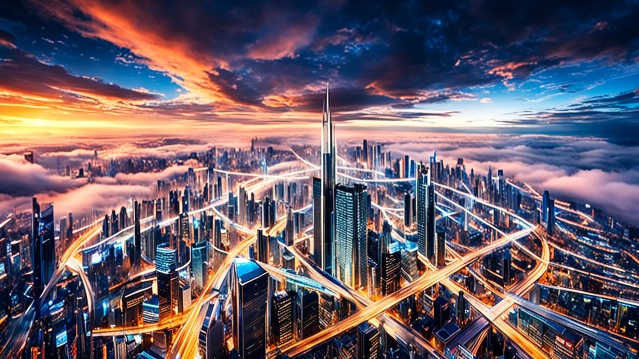 A city floating above the earth, high up in the clouds, sleek, futuristic skyscrapers pierce the sky, floating pathways connect the buildings, flying cars move through the air. The clouds below shift and change colour reflecting the vibrant city lights. Award-winning photograph, beautiful composition, very detailed, 80mm focal length, rule of thirds.