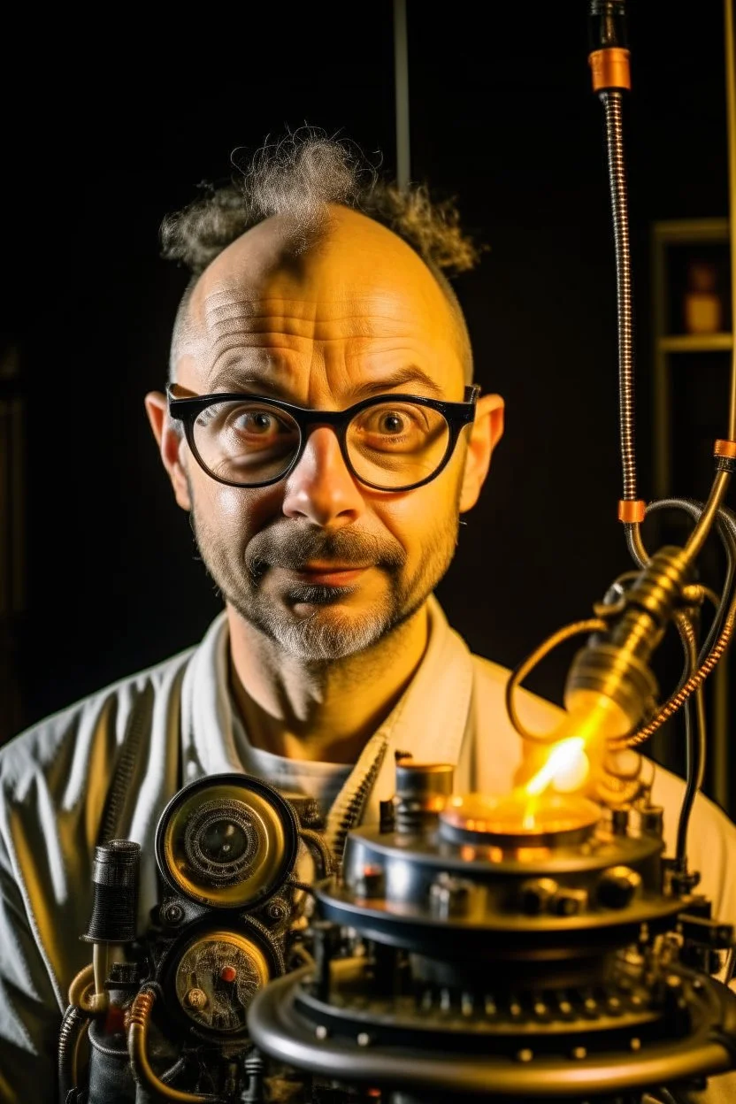 Portrait of a man with a radio helmet on his head. Wearing glasses. A small beard of pepper and salt. He is bald. White. He is a metal fan and. Flames surround him. In the background, a robot gives him a finger of honor.