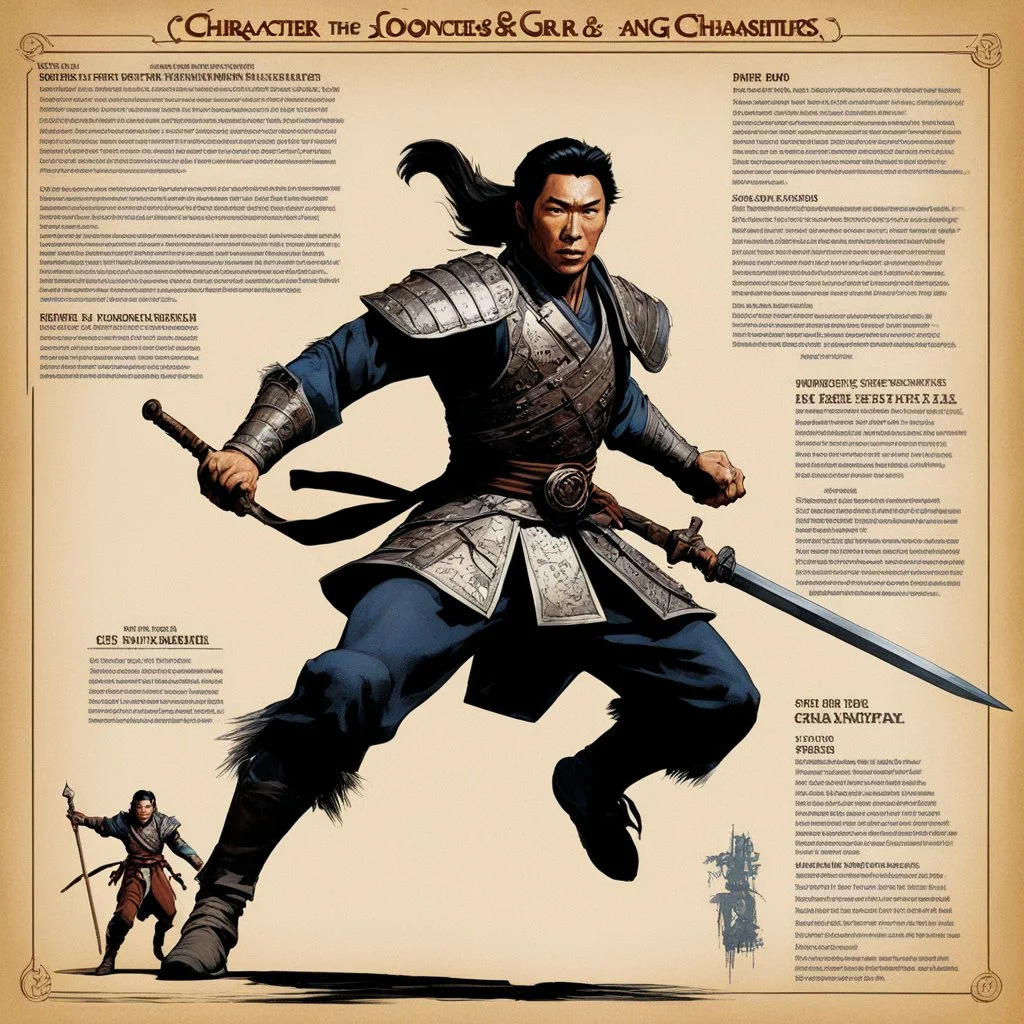 character concept sheet with AD&D statistics and characteristics, [high res photo by Ray Harryhausen for Sakra module B3] Donnie Yen as Kiu Fung with jumping with his short staff