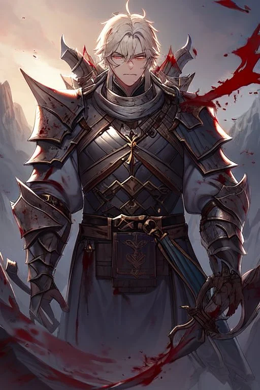 Armored Male Blood Knight Elf by manhwa or korean webtoon style there are lightning and blood spurts around the man, his face pointed at the camera, and with a serious look he lets his opponent know that it's his turn