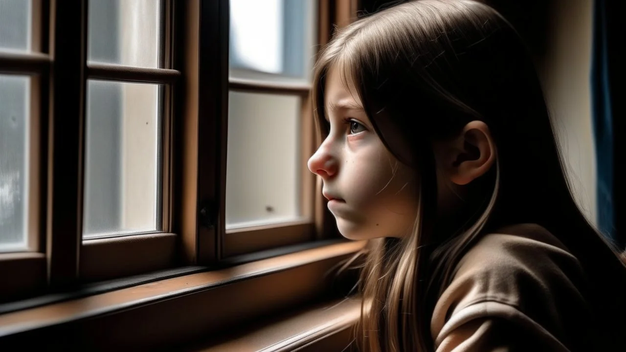 An 11-year-old girl looks out of a window inside the classroom, her hand is not visible, her skin is between brown and white