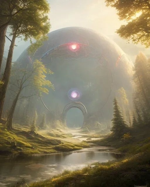 A Epic circular biomechanical fire ring portal, in middle of surreal hills, surrounded with beautiful cloud mist, huge trees with abnormal shape, oversized trees, art by Jordan Grimmer, high level of details