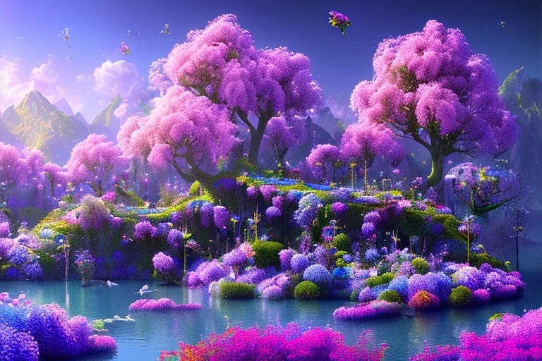 monde en fleurs, blue lake, flower tree-houses, concept art, crépuscule , fuksia bleu oranger, vibrant Color, réaliste, riviere bleu, tree-house wisteria, roses