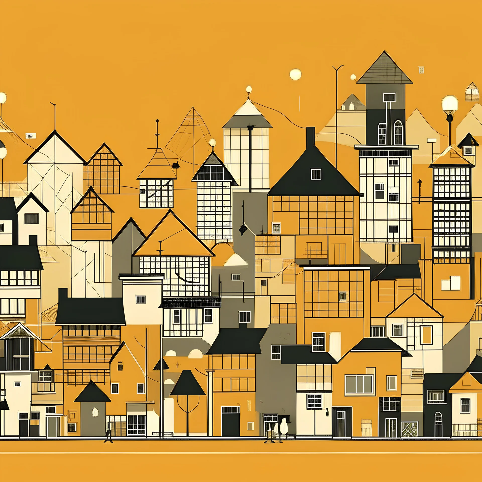 Illustrate abstractly the resonance between a community and the neighborhood infrastructure. Illustrate in Theo Van Den Boogard style.