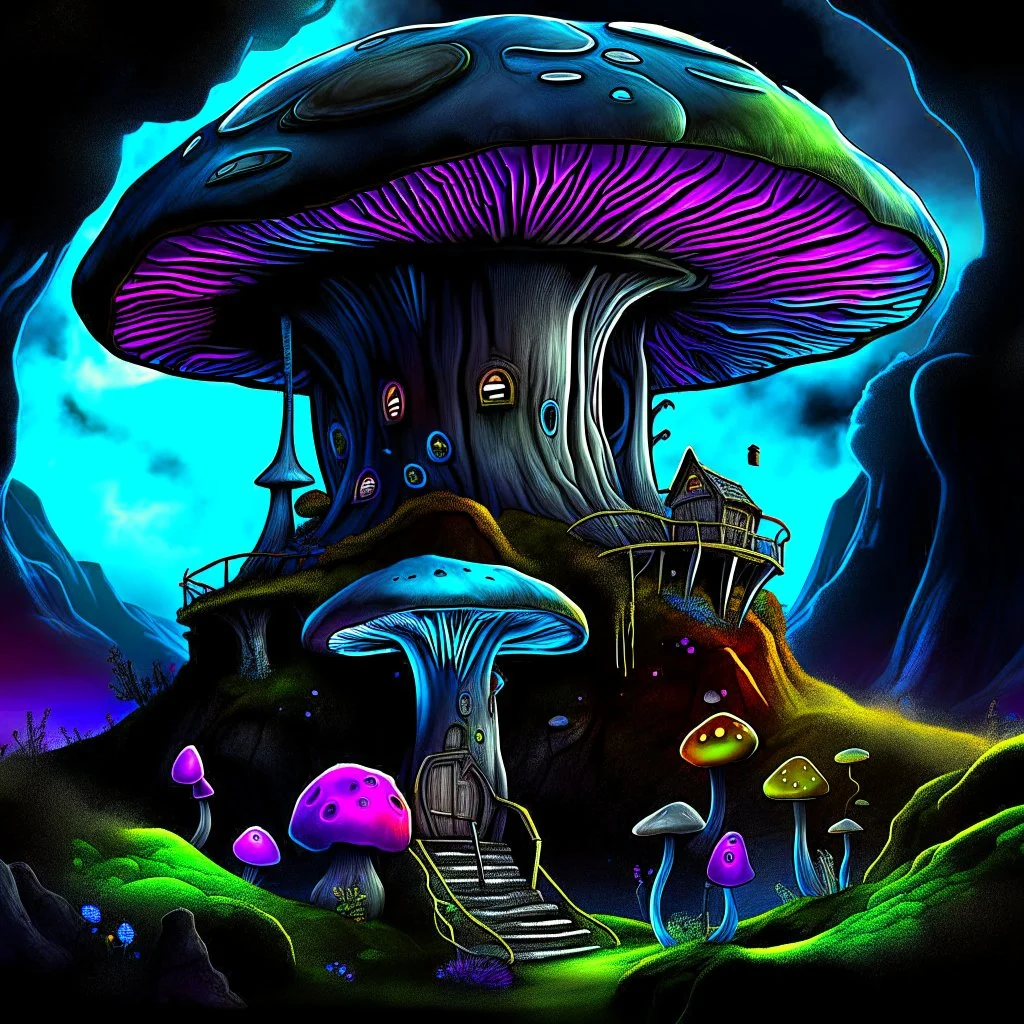 A fantabulous black, green, and blue (((mushroom tower house))) erected atop a (geologic pillar), surrounded by the uncanny imaginative ((( swirling skies))), offset by the stark hues of a (neon-tinged nebulous space scape), within. captured by the hand a skilled master painter with a focus on (softly blurred compositions and voluminous lighting).