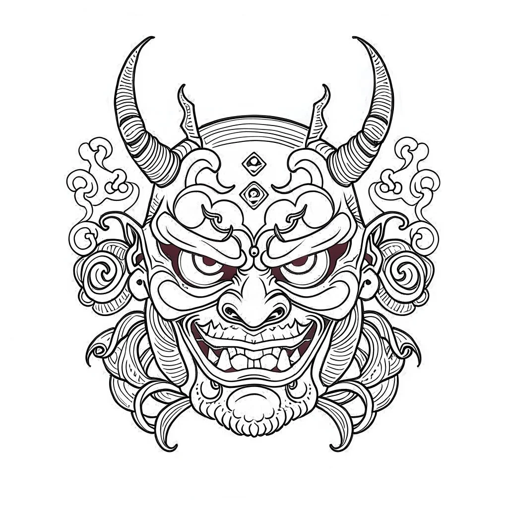 White, minimalis line art , oni mask japanes funny , vector, white background, outline, with images neatly contained within the background, just black and white color, tatto style.