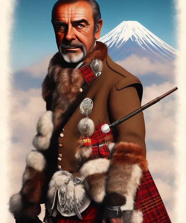 Sean Connery in a kilt eating a lollipop in front of Mt. Fuji