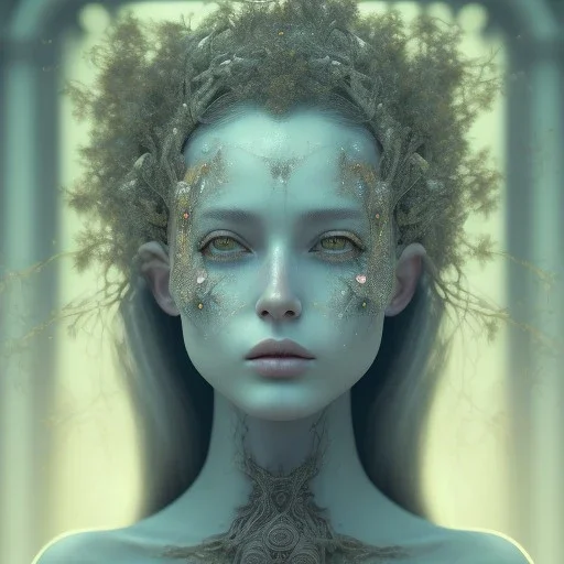 Portrait of beautiful girl, face dept of field,face shining, plant, metal, feathers,central weight average, CWA Dryad,Median filter fae, sidhe, ominous, nature, plants, wildflower sparkle,wildflower 3d view, facepaint, dnd character portrait, intricate, oil on canvas, masterpiece, expert, insanely detailed, 4k resolution, retroanime style, cute big circular reflective eyes, cinematic smooth, intricate detail , soft smooth lighting, soft pastel colors, painted Renaissance style,sharp focus