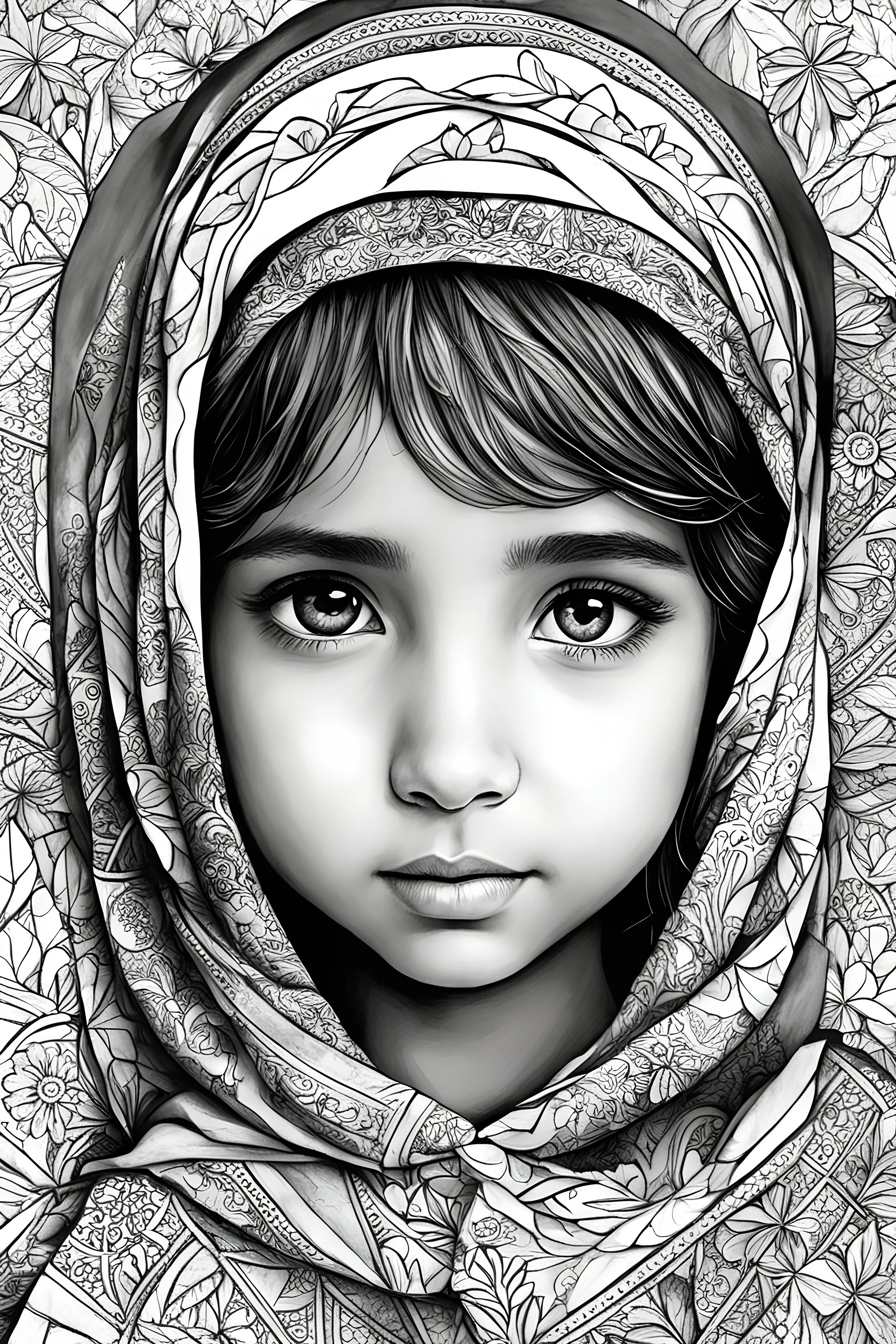 An abstract and expressive interpretation of a palestinian little girl features for coloring book