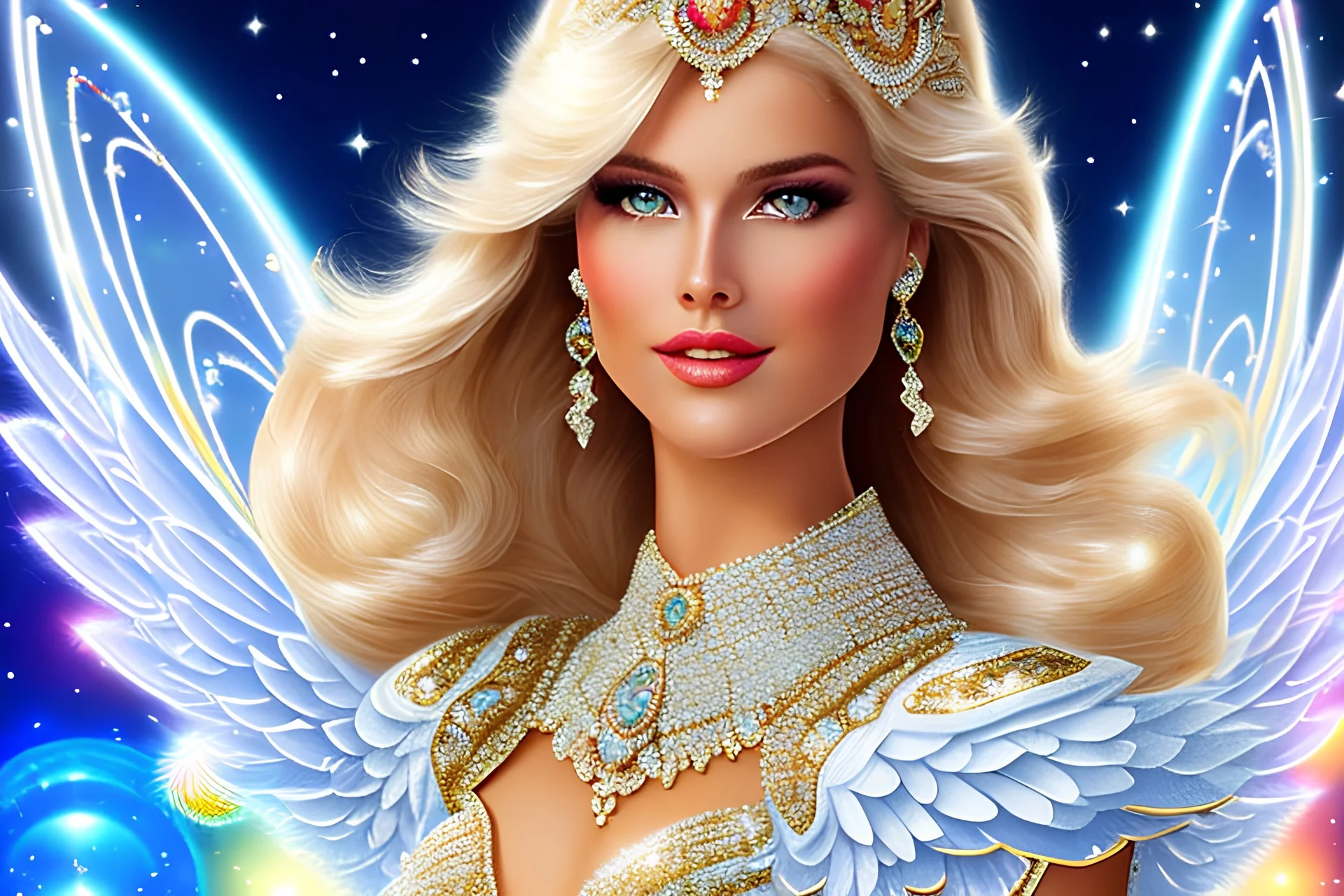 Highly detailed sharp whole body and head 32K, enlighten gorgeus portrait well focused, mega beautiful happy smiling elegant cosmic yang woman beautiful blond hair, big blue eyes, with white shining stunding body, silk glowing wings, gemstones jewels glitters, magic spring flowers and glittering roses, sun, sunny sky, stars, glitters, hyper ultra realistic, intricate, rossdraws, tom bagshaw, greg rutkowski, global illumination, radiant light, bright sky environment, intricate details