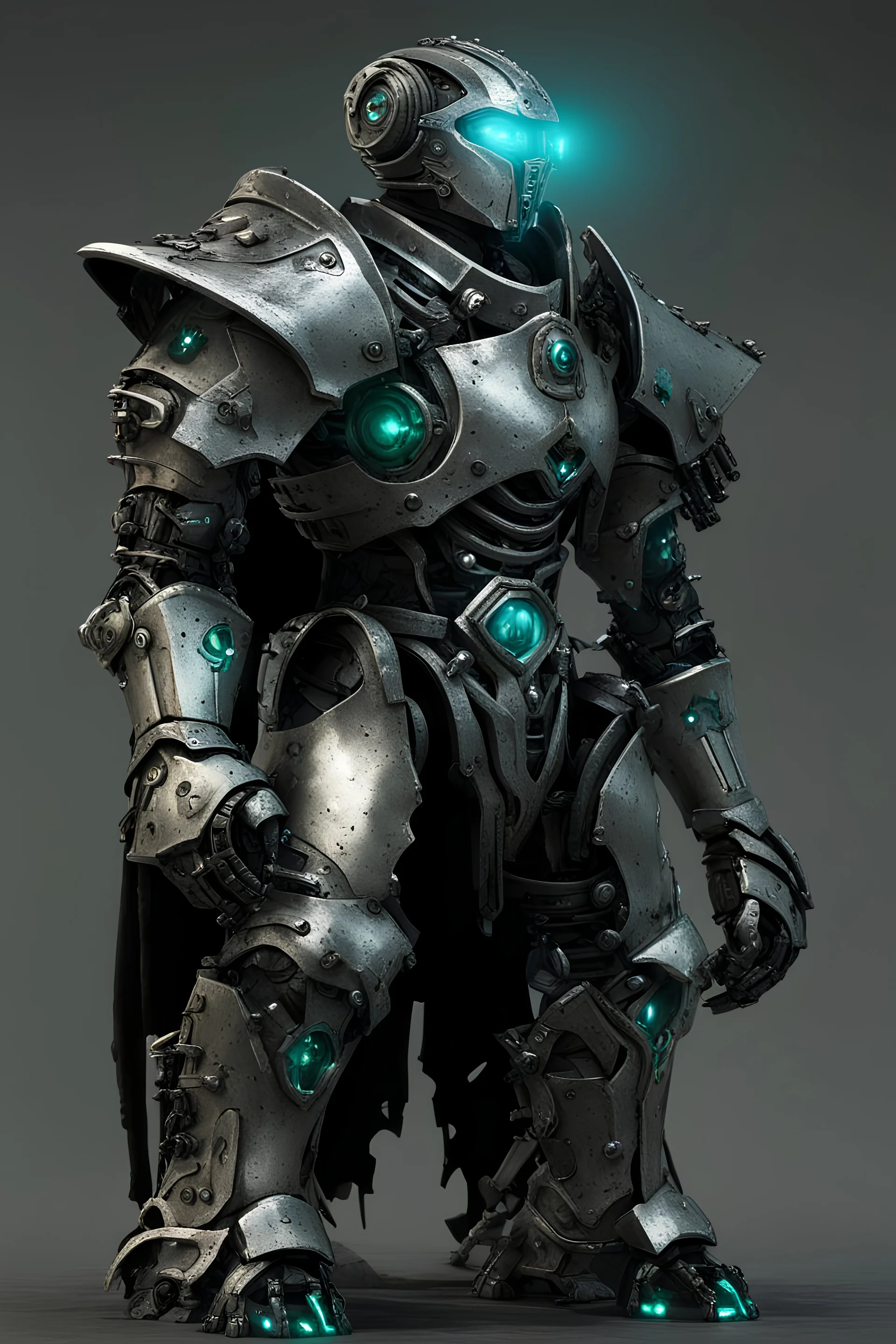 Warforged robotic warlock with a visor, made of silver with black details armor, medieval style, greenish-blue eyes, war tore, glowing greenish-blue core, wire from the torso pulsing, dungeons and dragons