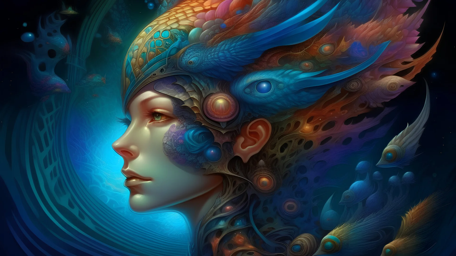 Charismatic Musky and Eternal Beauty by Eryk Szczygieł and Giger and Bastien Lecouffe-Deharme, detailed, kaleidoscope, psychedelic, cosmic energy by Kelly McKernan, yoshitaka amano, hiroshi yoshida, moebius, artgerm, cool tone pastel rainbow colors, inspired by dnd, ir