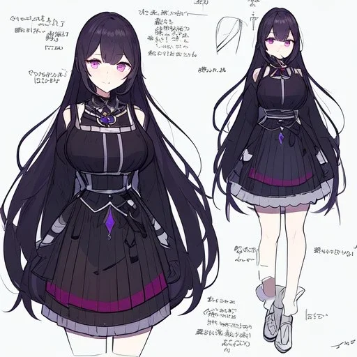 High quality, Detailed, Black long hair, Purple eyes, mouth open, blushing, rich clothes, concept art, clothes kinda reavling, skirt is short