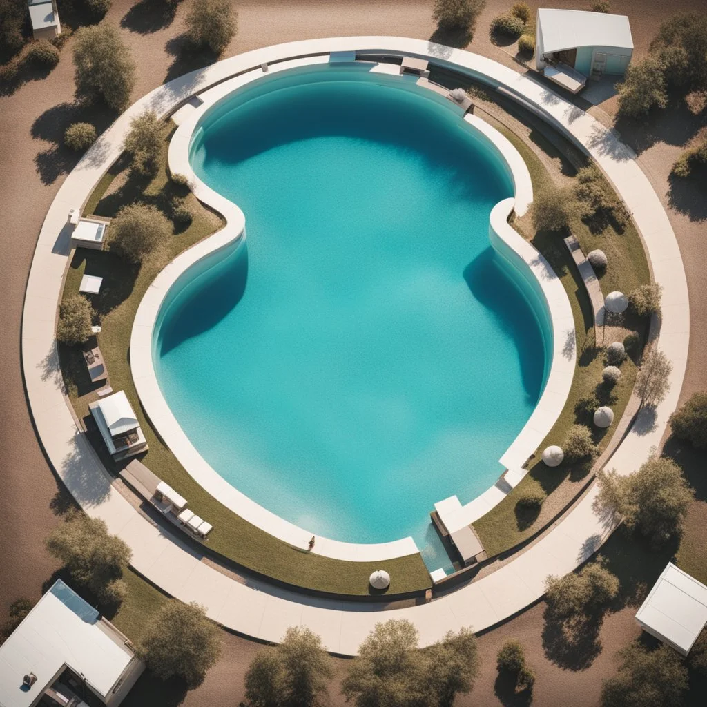 a surreal aerial perspective of a suburban pool shaped as a long cylinder with two circular hot tub pools jutting out at one end, photograph, beautiful composition, humorous, whimsical