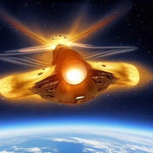 huge starship made of brass, damaged and on fire, in space