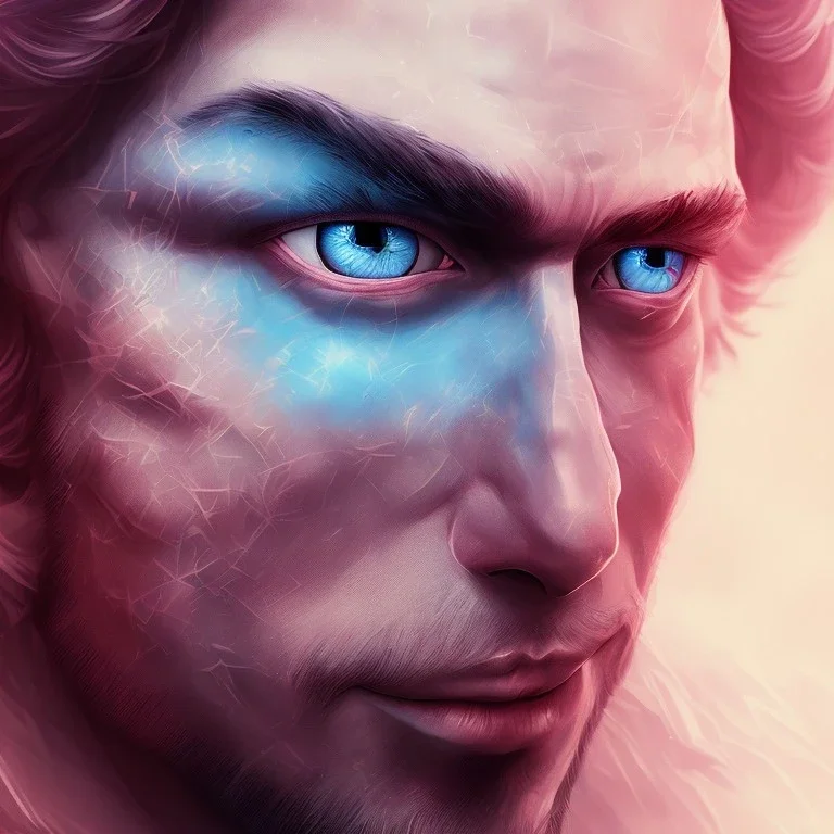 portrait homme, visage , roi fantasy , grands yeux bleus, fantasy, bleu et rose