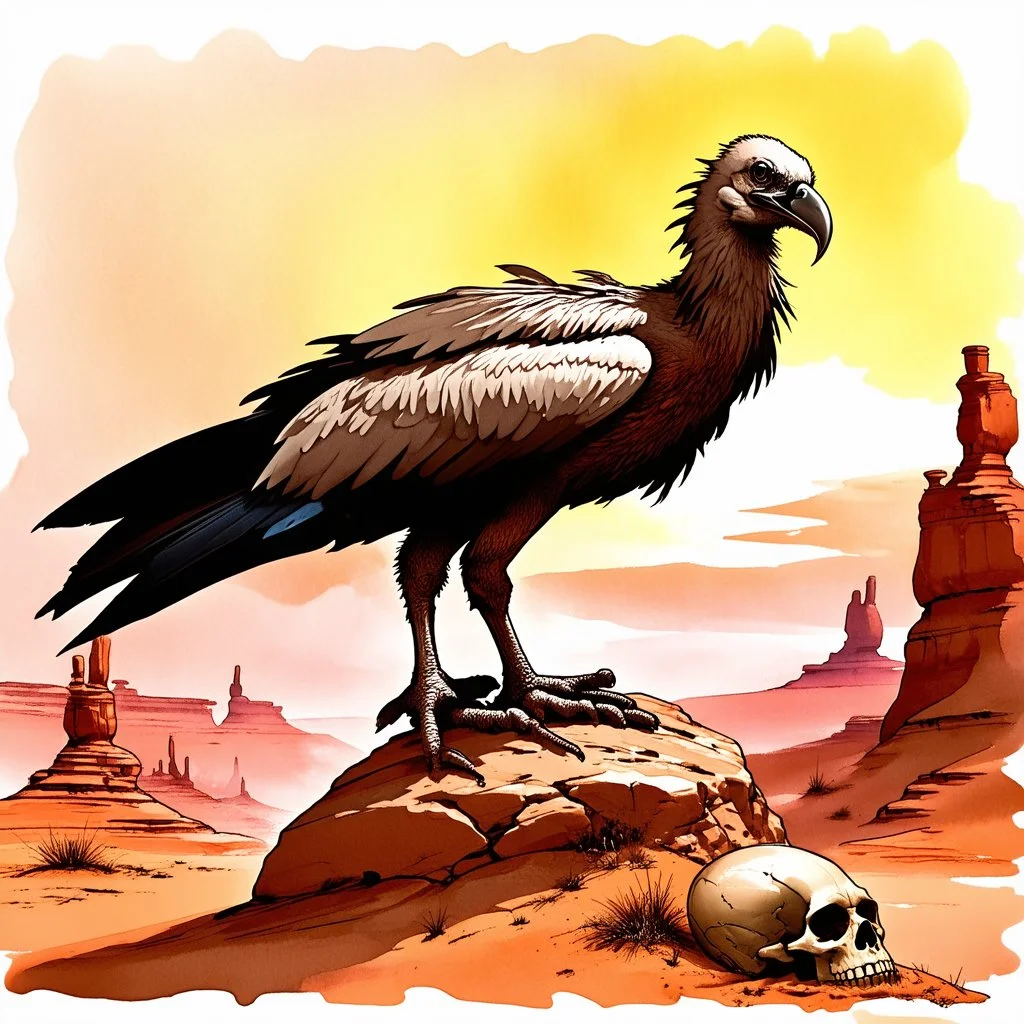 Nature watercolor heavily diffused with long rough brush strokes, surreally stylish, featuring an impression of a fantastical sinister vulture standing on a boulder in the painted desert, sunset, dramatic shadows, complex contrast, reminiscent of Frank Frazetta's style, enigmatic, with a subtle outline of a skull half buried in the sand.