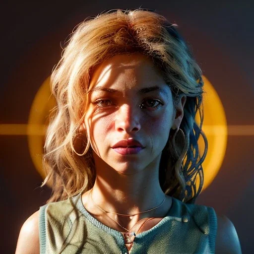 Shakira, 40 years old, artist, Realistic image, waist up portrait. eyes make up, perfect, glow, circle iris. concept art, smooth, unreal engine 5, god lights, ray tracing, RTX, lumen lighting, ultra detail, volumetric lighting, 3d, finely drawn, high definition, 4k.