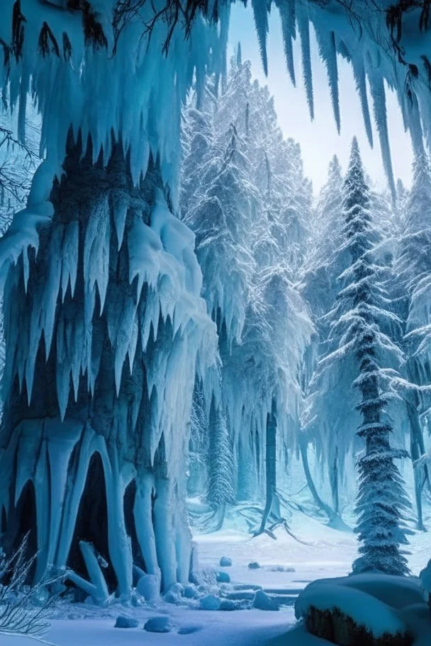 A frozen forest landscape with a giant caveroof over it