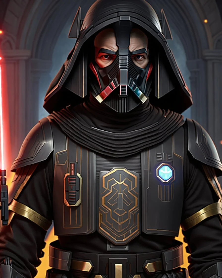 star wars bald male corellian jedi wearing gunmetal grey and black old republic armored flightsuit and breath mask with gold and metallic red trim inside the jedi temple, centered head and shoulders portrait, hyperdetailed, dynamic lighting, hyperdetailed background, 8k resolution, volumetric lighting, light skin, fully symmetric details