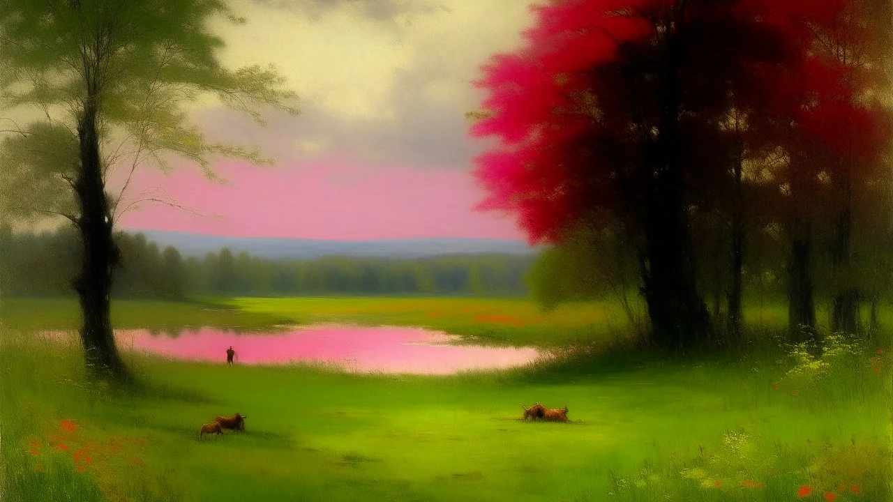 A pink swamp near a highway painted by George Inness