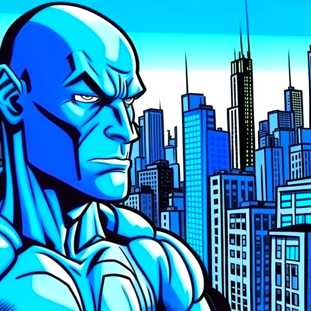 comic book character closeup city background