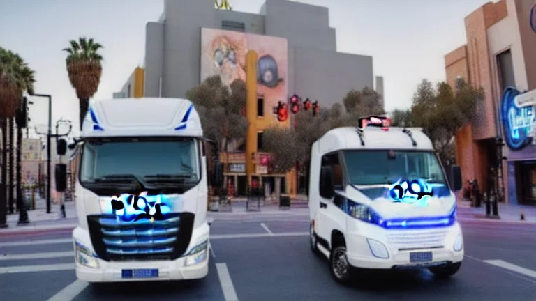 A police Tesla Cybertruck is chasing a Tesla 'Model S Plaid' at top speed, across the 'Universal Studios Hollywood', in Los Angeles. CINEMATIC. WIDE ANGLE LENS.