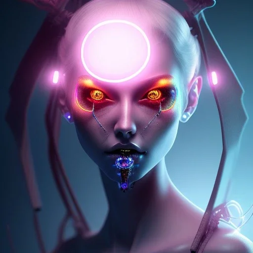 Demon girl, lumen lighting, led lights, <hanging wires> many wires connected to the head<perfect pupil> <cyborg> <garage> <sci-fi futuristic>