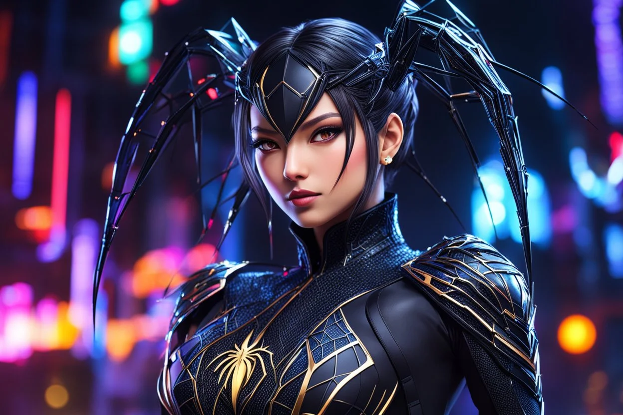 Hot madam web in 8k solo leveling shadow artstyle, spider costum, dynamic pose, oshare kei, hurufiyya, rtx , neon lights, intricate details, highly detailed, high details, detailed portrait, masterpiece,ultra detailed, ultra quality