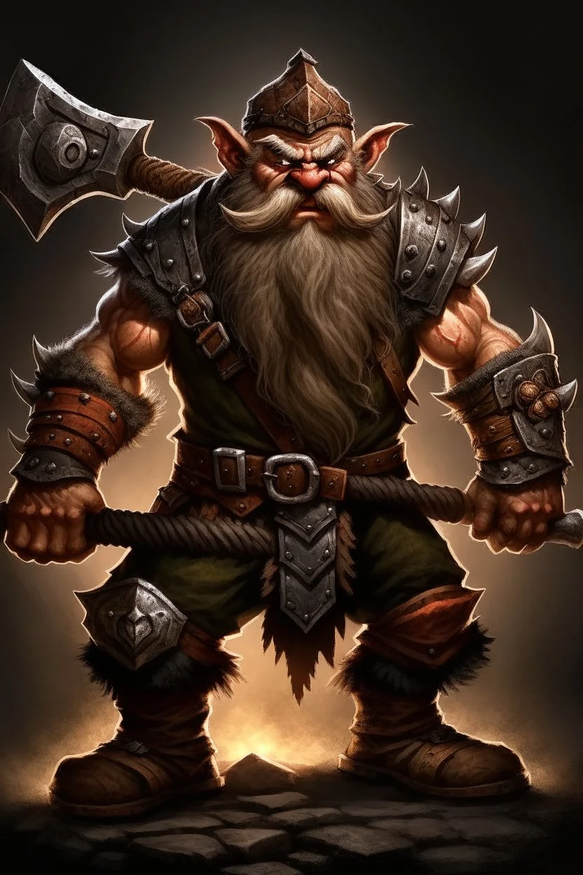 gnome warrior enraged fury berserker fantasy barbarian armored wild savage angry axes cleaver attack striking swinging chopping dual wielding two weapons mad consumed