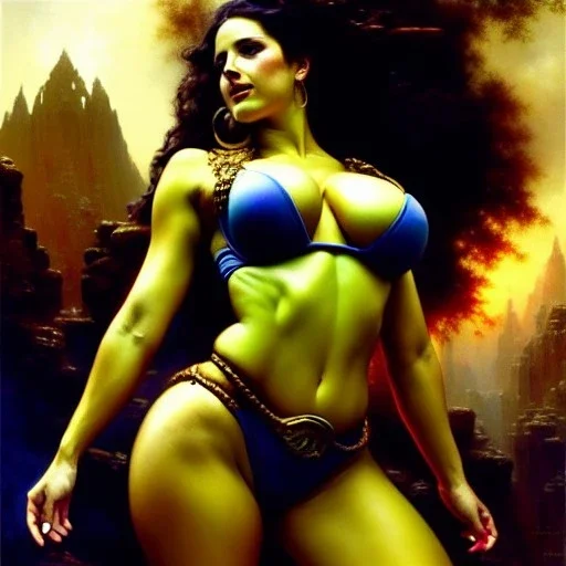 Drawing of beautiful face,'beautiful booty ,Busty She-Hulk',intense stare, ancient skintight armor, balanciaga fashion clothe painting by gaston bussiere, greg rutkowski, yoji shinkawa, yoshitaka amano, tsutomu nihei, donato giancola, tim hildebrandt, Oil on canvas, cinematic composition, extreme detail,fit full head inside picture,16k