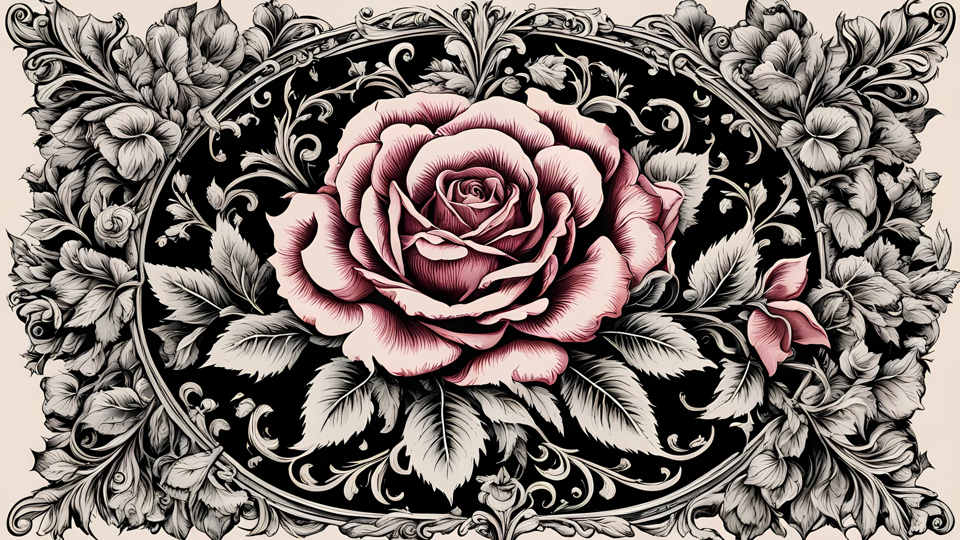 winter, (pirate), classic rose elements, coming from the center of the muzzle, decorative design, classic ornamentation, motif, double-sided symmetry, roses, leaves, flowers, buds, flower buds, feathers, negative space, highly detailed (engraving:1.1)