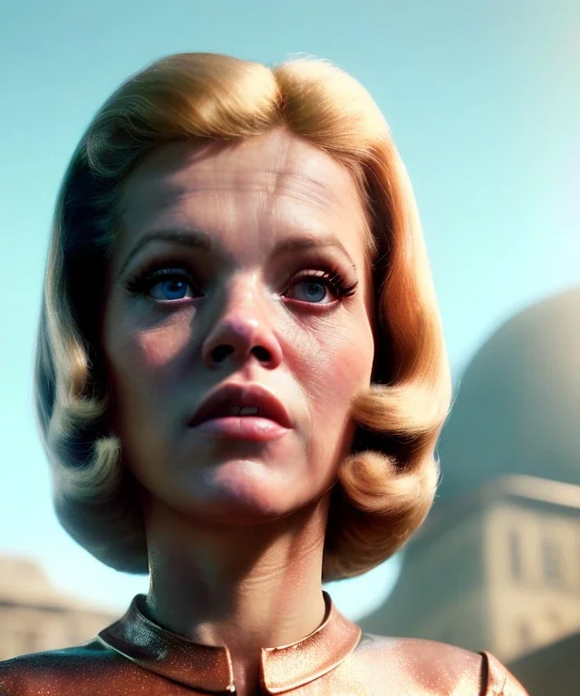 Ultra Realistic retro sci-fi movie, people, classic ovni, 1960 year, waist up view portrait, blonde woman, sweet teenager Jane Fonda face, perfect, glow rays eyes without pupil, face makeup, tight latex coat, retro glass helmet, Retro sci-fi style, soft color, highly detailed, unreal engine 5, ray tracing, RTX, lumen lighting, ultra detail, volumetric lighting, 3d, finely drawn, high definition, high resolution.