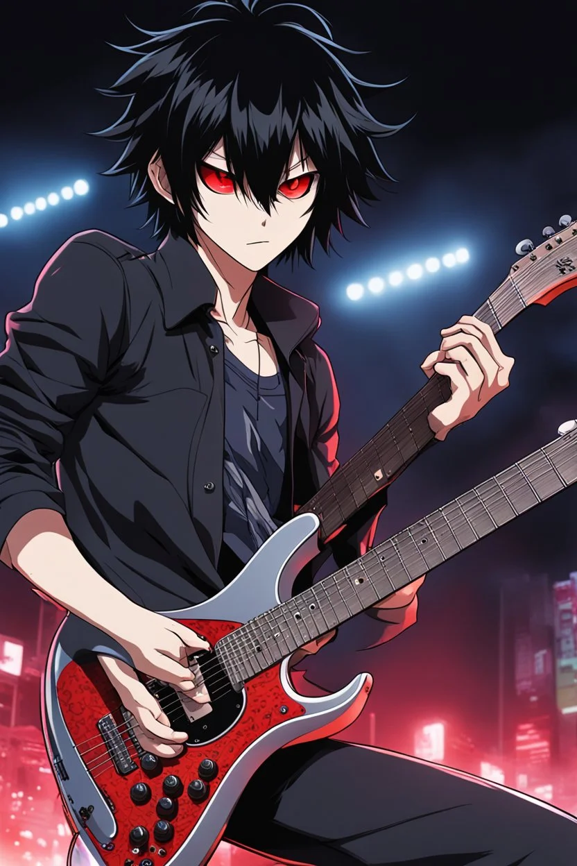 A 30 years old male guitarist playing electric guitar at a midnight concert, manly facial features, red creepy alien bug eyes, black hair, athletic build, correct hands, in the style of manga "Rosario+Vampire"