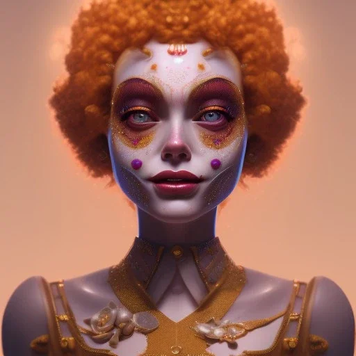 Ultra detailed very beautiful smileing clown girl,beautiful real skin, red nose, symmetrical, ultra detailed curl hair, soft lighting, ultra detailed face, concept art, circus, digital painting, octane render, art by artstation