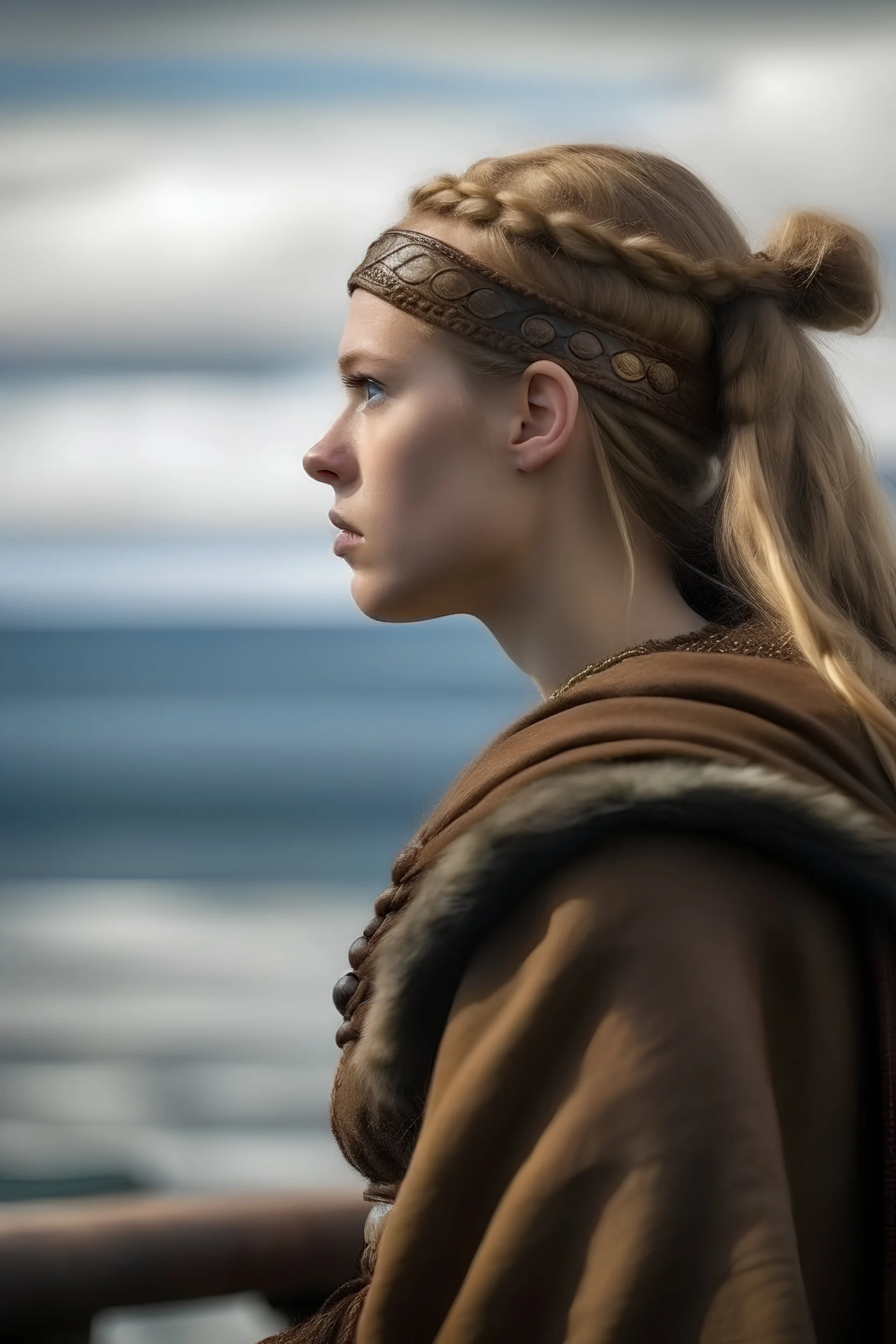 viking woman looking at distant ship