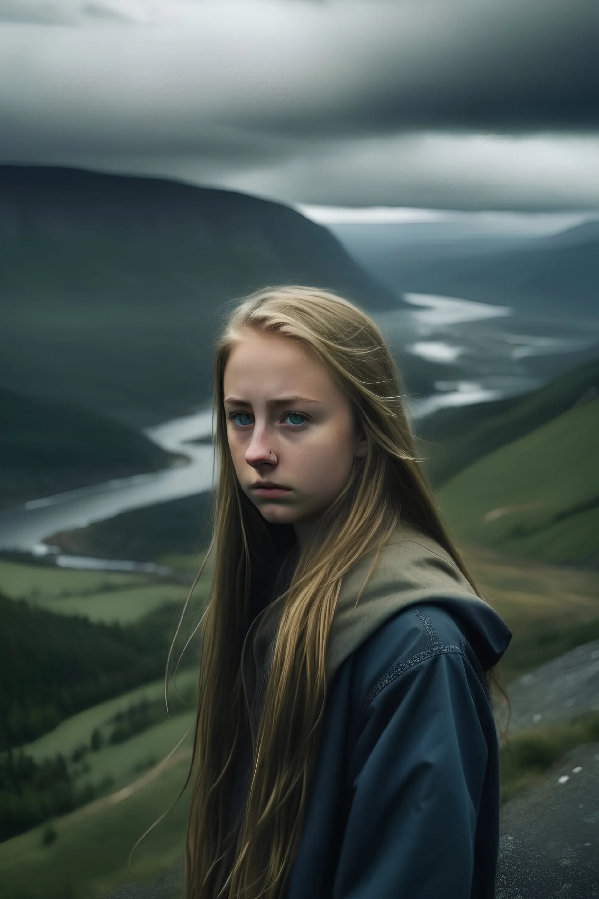 a teen girl with long blonde coppery coloured hair and deep gray blue eyes standing on a mountain looking down on a valley with a wide river in it with a dark cloudy sky expecting heavy rain