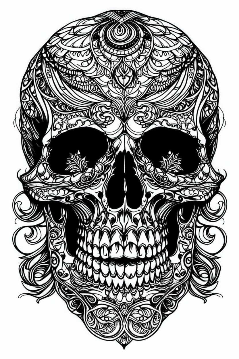 outline art for horror ink tracing coloring pages for adults with skull, white background, Sketch styl, only use outline. Mandala style, clean line art, no shadows and clear and well outlined, Intricate Patterns and Details