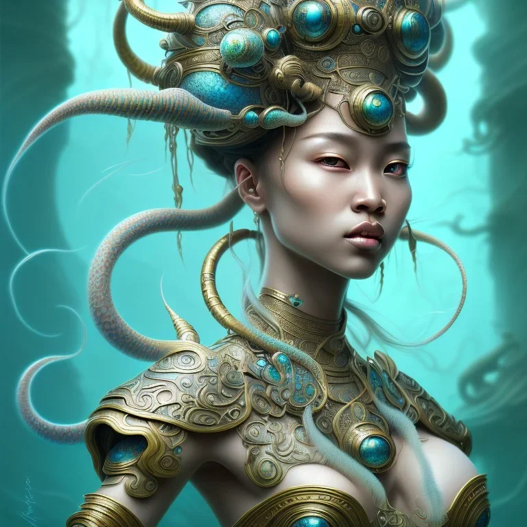 Sango fantasy, fantasy magic, intricate, sharp focus, illustration, highly detailed, digital painting, concept art, matte, art germ and Paul Lewin and Kehinde Wiley, masterpiece Japanese dancer head bronze squid' Asian African girl nice breast Thai hair turquoise silver blue under water