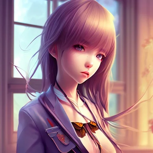 Anime girl studying in room, beautiful face, beautiful eyes, window,flower, nature, unreal engine 5, studio lighting --ar 2:1