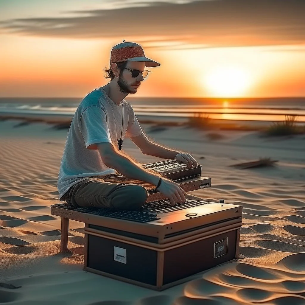 short beard man with cap, desk, DJ play records ,full body, acustic systems box,speakers, at beach, dunes background, sunset