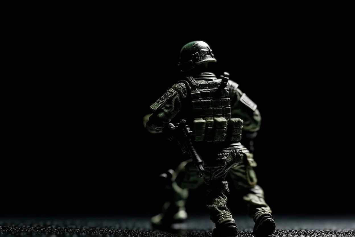 toy soldier military operation apocolypse looking away from camera to right corner black floor black blackground