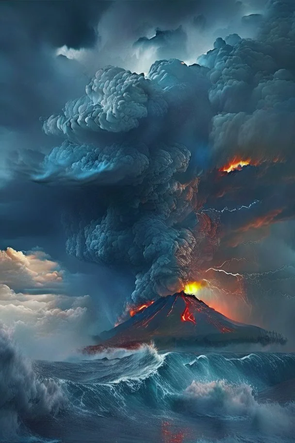 Stormy sea and menacing sky with a volcano erupting